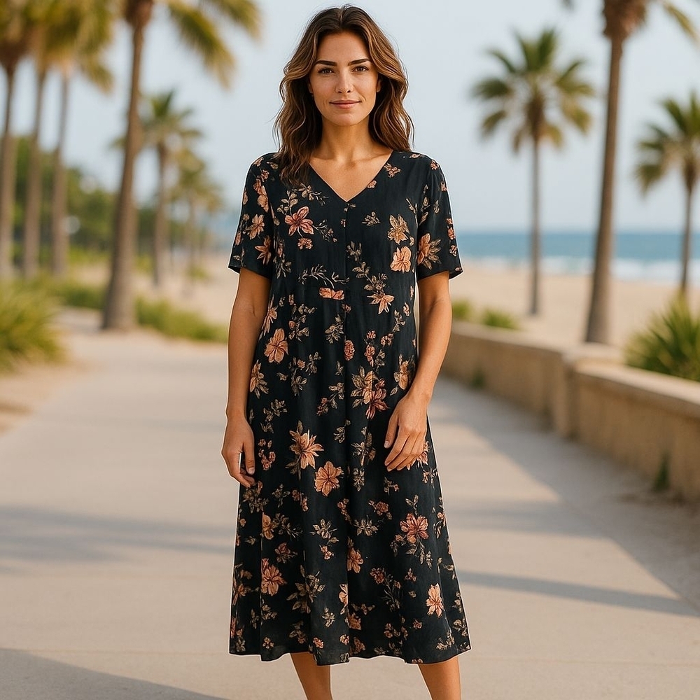 J. Jill sz medium purple Floral navy blue Midi Dress button front